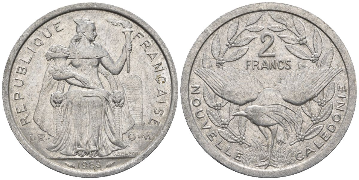 Французская Новая Каледония 2 франка 1983 птица кагу, (IEOM) KM 14, Schoen 11, Lec 63 алюминий    27-951