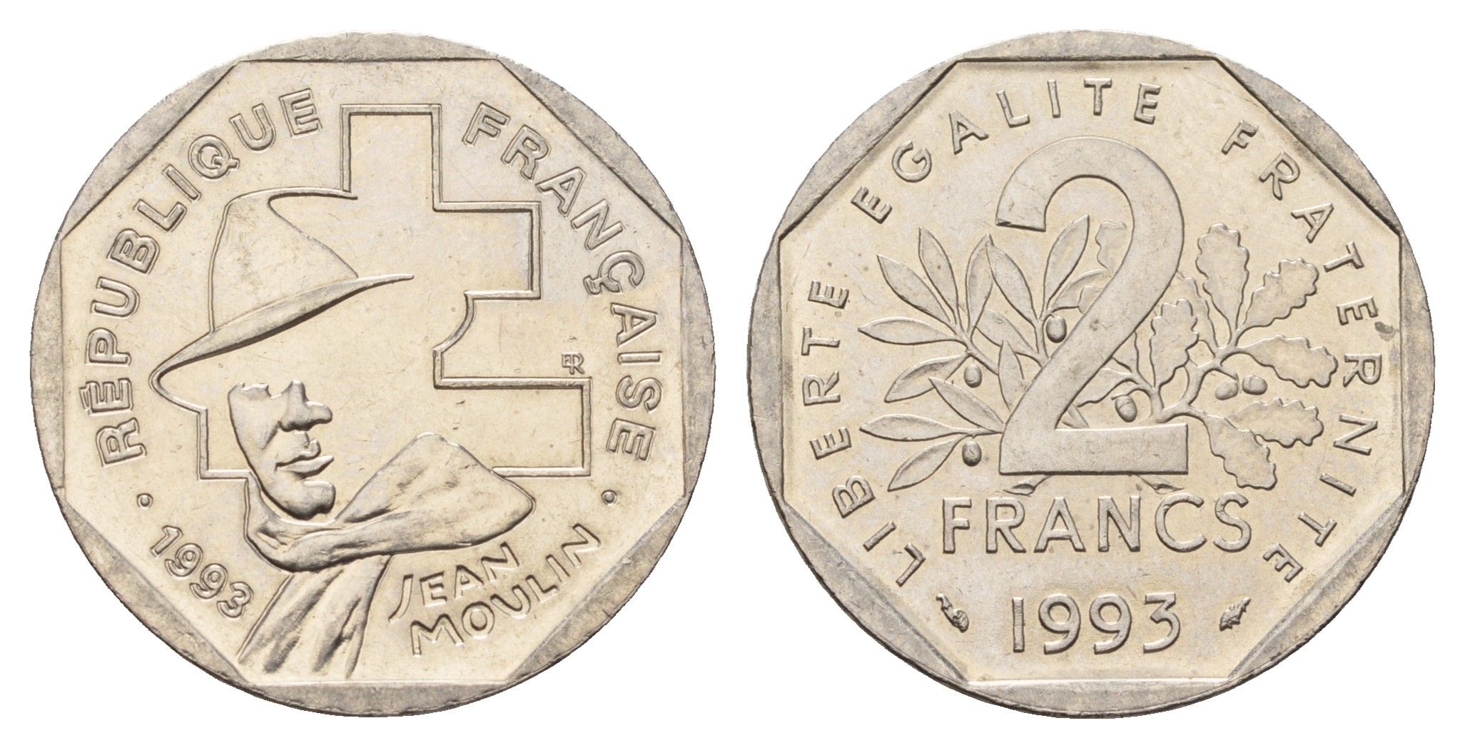 Франция 2 франка 1993 Жан Мулен, 50 лет Национальному движению сопротивления KM 1062 никель aUNC 4118-851