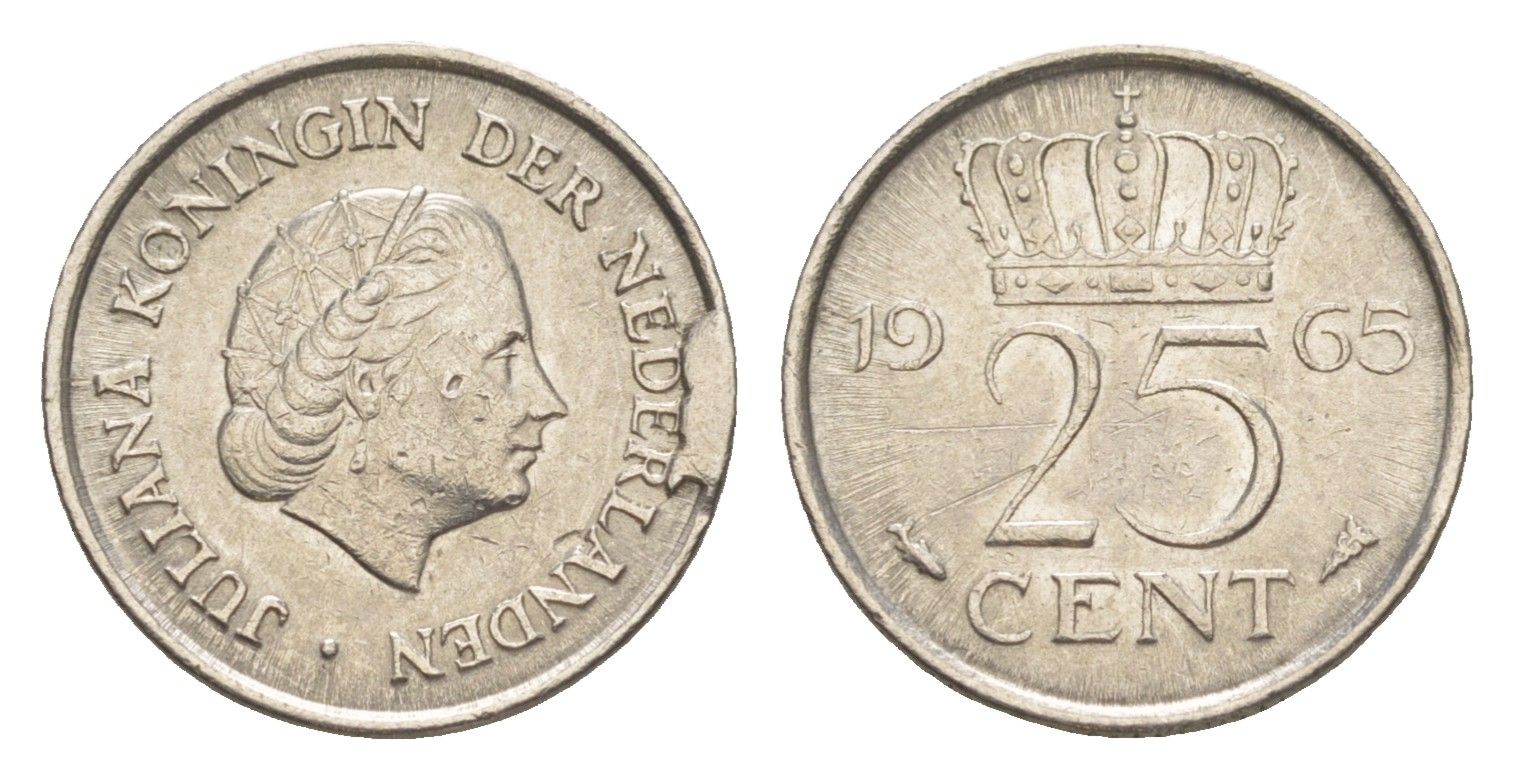 Нидерланды 25 центов 1965 Юлиана (1948-1980) KM 183 никель 4615-461