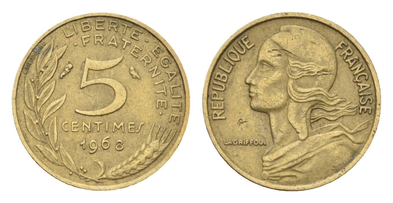 Франция 5 сантимов 1968 KM 933 алюминиевая бронза 4702-1231