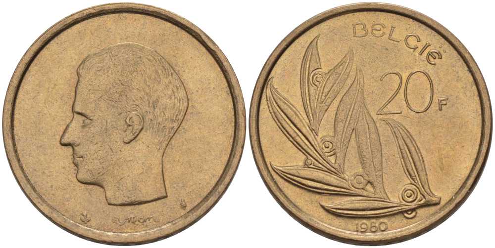 БЕЛЬГИЯ 20 ФРАНКОВ 1980 BELGIE, БОДУЭН I (1951-1993) KM 160 никель бронза 213-446