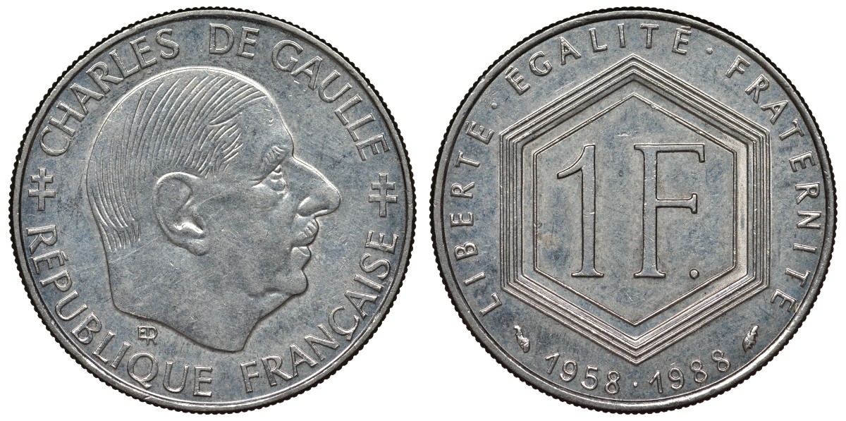Франция 1 франк 1988 Шарль де Голль KM 963, Le Franc 227.2 никель 4128-412