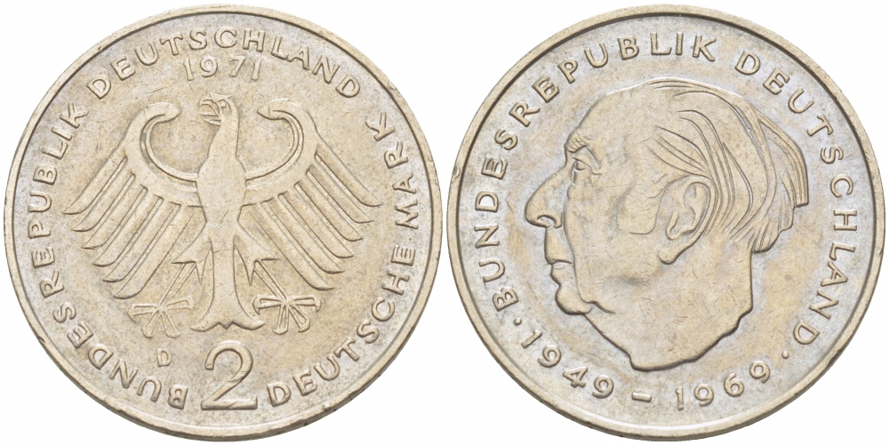 ФРГ 2 марки 1971 D, Теодор Хойс KM 127, J. 407 медно-никель плакированный никелем  3996-617