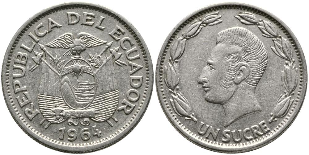 ЭКВАДОР 1 СУКРЕ 1964 АНТОНИО ХОСЕ де СУКРЕ KM 78b никелированная сталь 3336-625