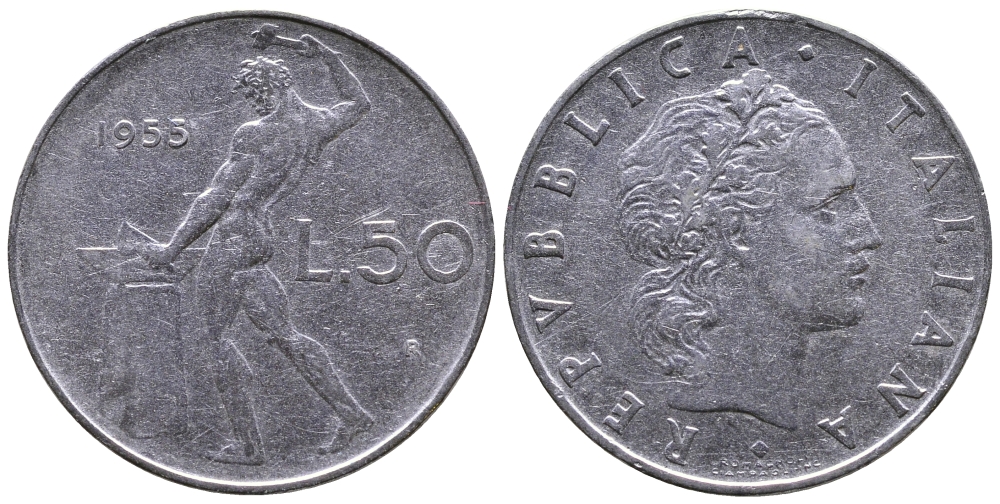 ИТАЛИЯ 50 ЛИР 1955 R, БОГ ОГНЯ ВУЛКАН У НАКОВАЛЬНИ KM 95.1 нержавеющая сталь 3333-832