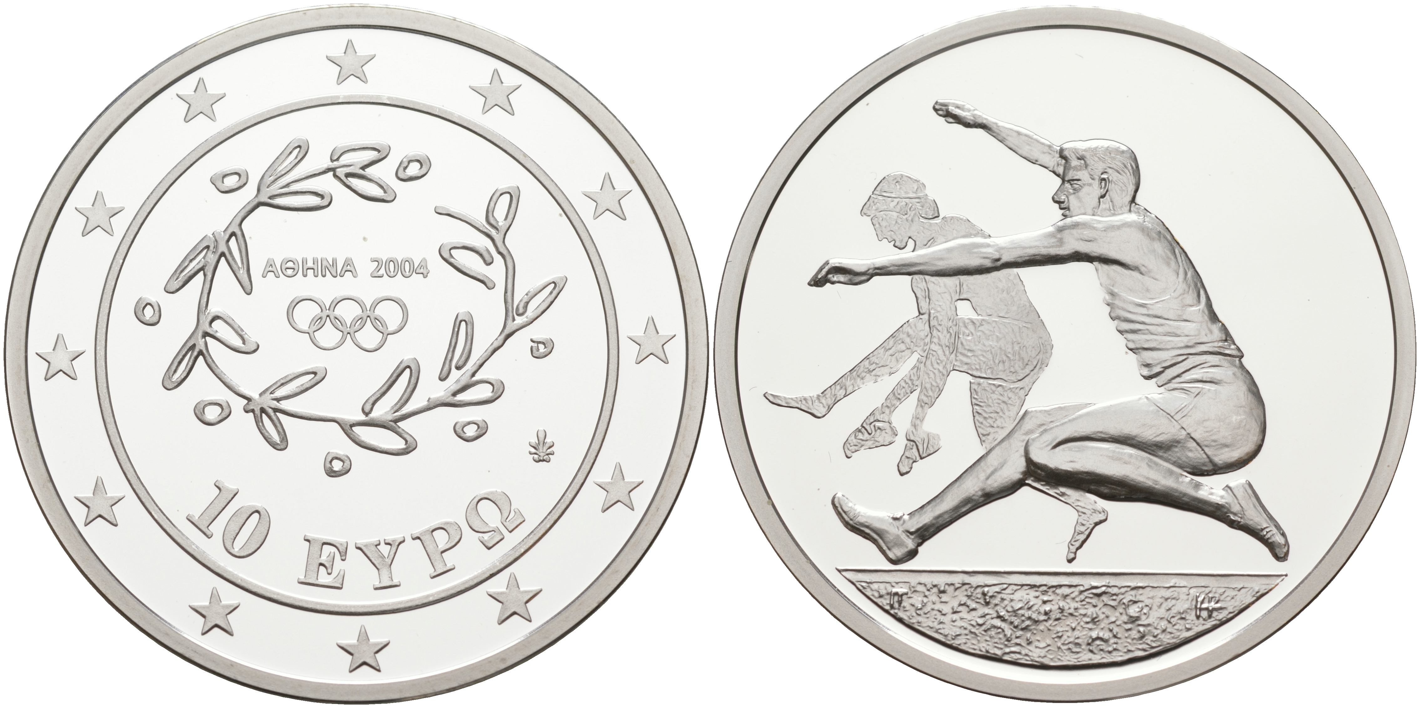 Греция 10 евро 2003 XXVIII летние Олимпийские игры 2004 года в Афинах, прыжки в длину KM 194 серебро PROOF 1074-9-43