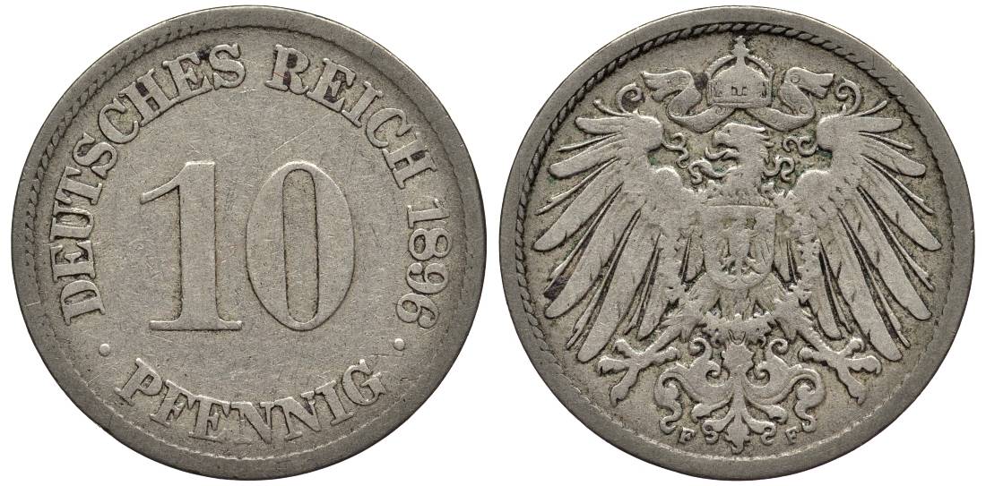 ГЕРМАНИЯ 10 ПФЕННИГОВ 1896 F KM 12, Jager 13, Weege 8 медно-никель 4538-814