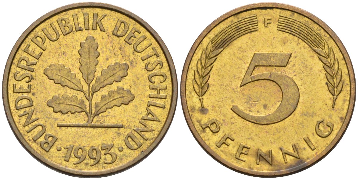 ФРГ 5 пфеннигов 1993 F KM 107 сталь плакированная латунью 4580-363
