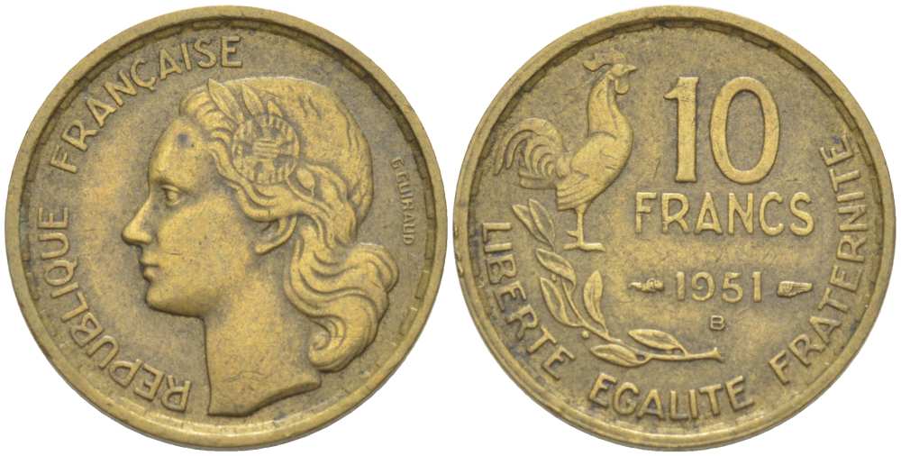 Франция 10 франков 1951 B, петух KM 915.2, Le Franc 363.5 алюминиевая бронза 202-1257