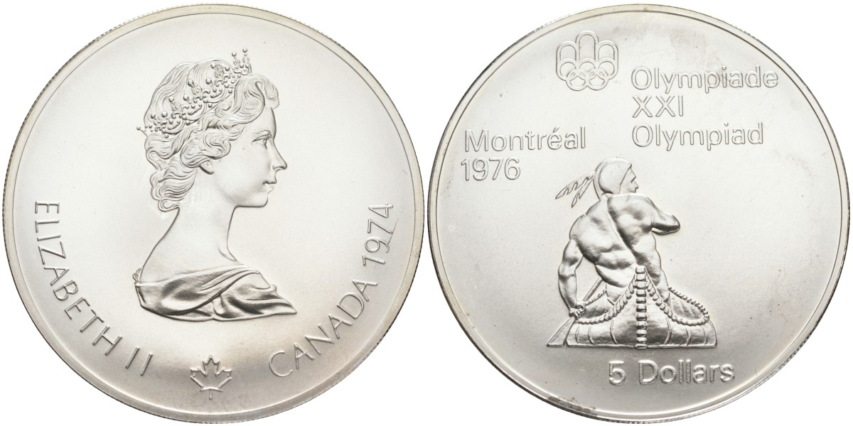 Канада 5 долларов 1974 XXI летние Олимпийские игры в Монреале 1976 года, гребля на каяке KM 92 серебро UNC 1525-441