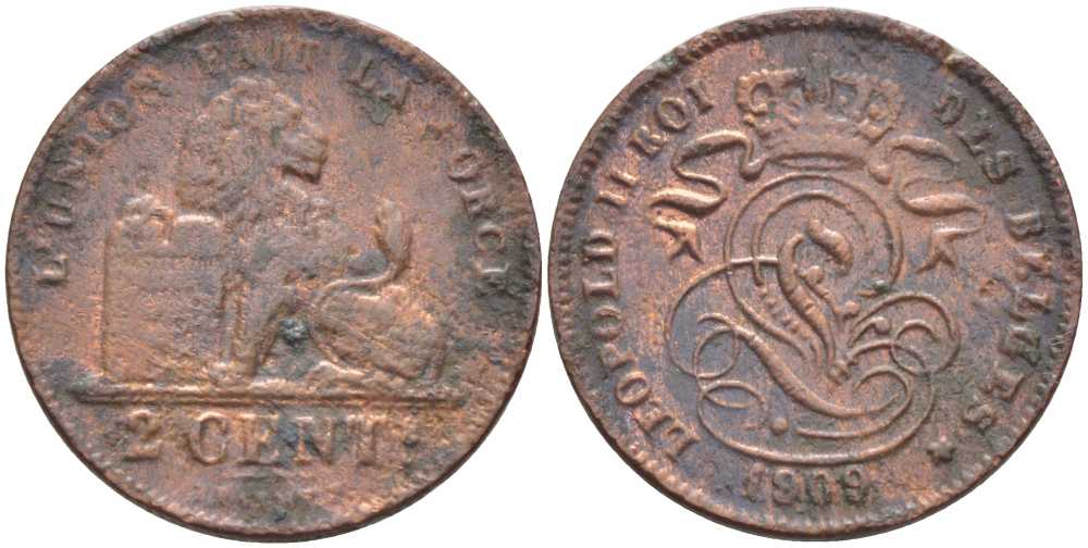 БЕЛЬГИЯ 2 САНТИМА 1909 BELGES, ЛЕОПОЛЬД II (1865-1909) KM 35.1 медь 119-323