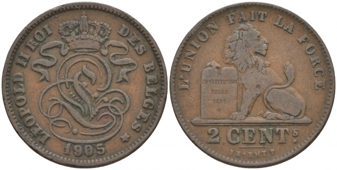 БЕЛЬГИЯ 2 САНТИМА 1905 BELGES KM 35.1 медь 68-726