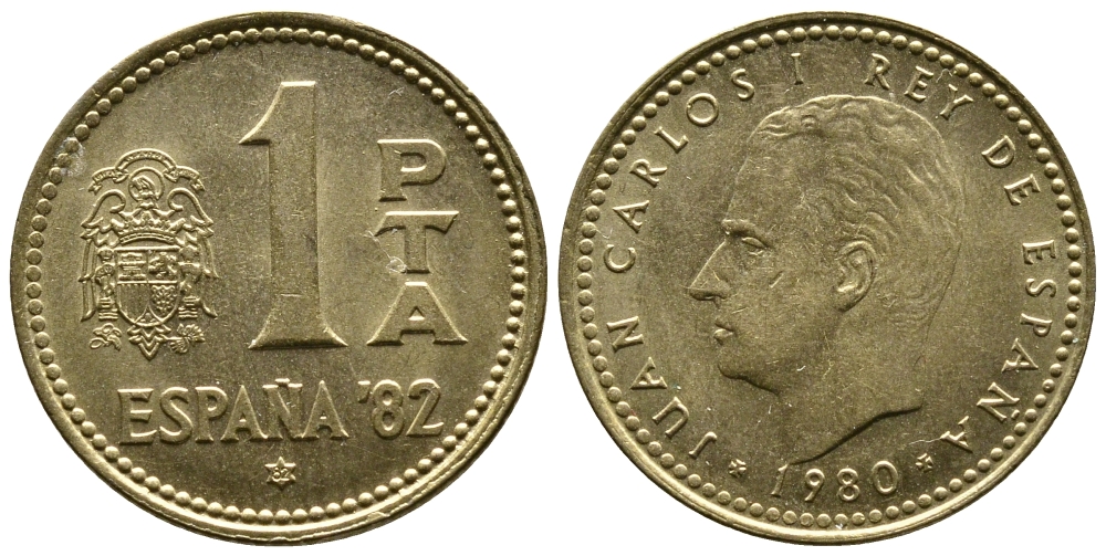 Испания 1 песета 1980 (82) чемпионат мира по футболу в Испании 1982 года, Хуан Карлос I (1975-) KM 816 алюминиевая бронза 4110-1434