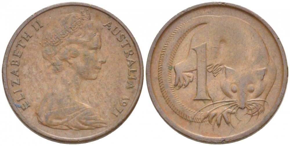 АВСТРАЛИЯ 1 ЦЕНТ 1971 ЕЛИЗАВЕТА II, МОЛОДОЙ ПОРТРЕТ, ОПОССУМ КМ 62 бронза 3851-1111