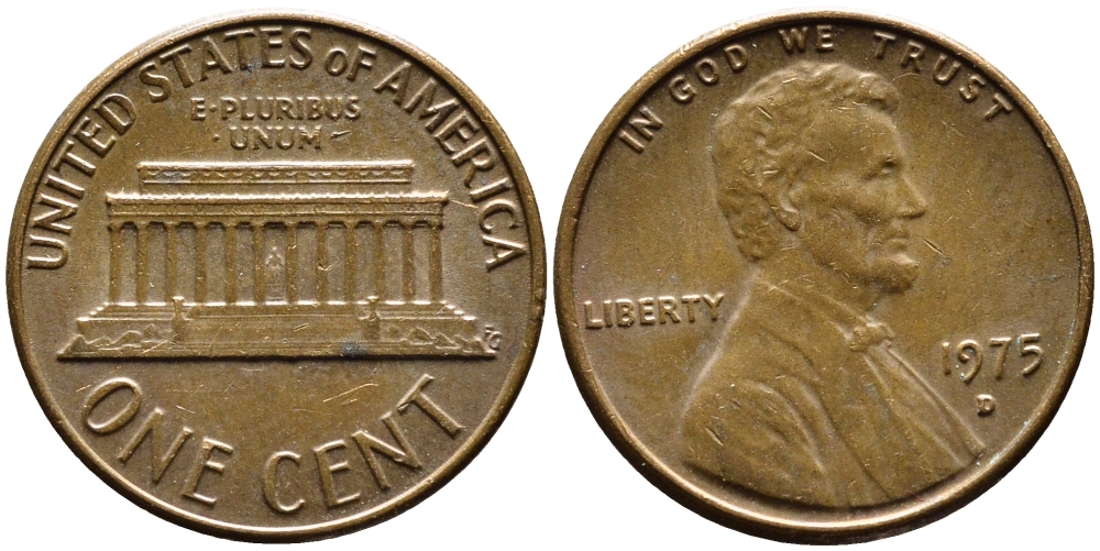 США 1 ЦЕНТ 1975 D, ЛИНКОЛЬН KM 201 медь цинк 4383-1168