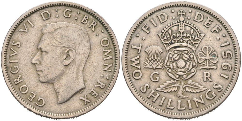 Великобритания 2 шиллинга (флорин) 1951 Георг VI (1936-1952) KM 878, Spink 4107 медно-никель 4572-1145
