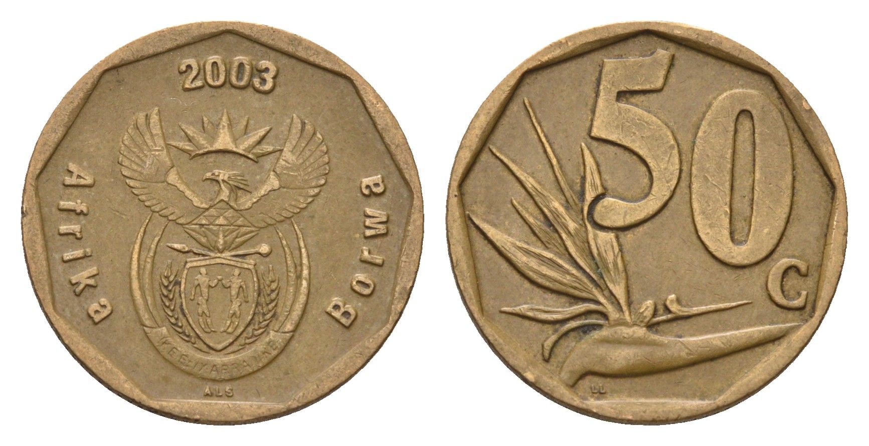 ЮАР 50 центов 2003 Зантедеския Эллиота (калла), герб, год-тип KM 330 сталь плакированная бронзой 4694-957