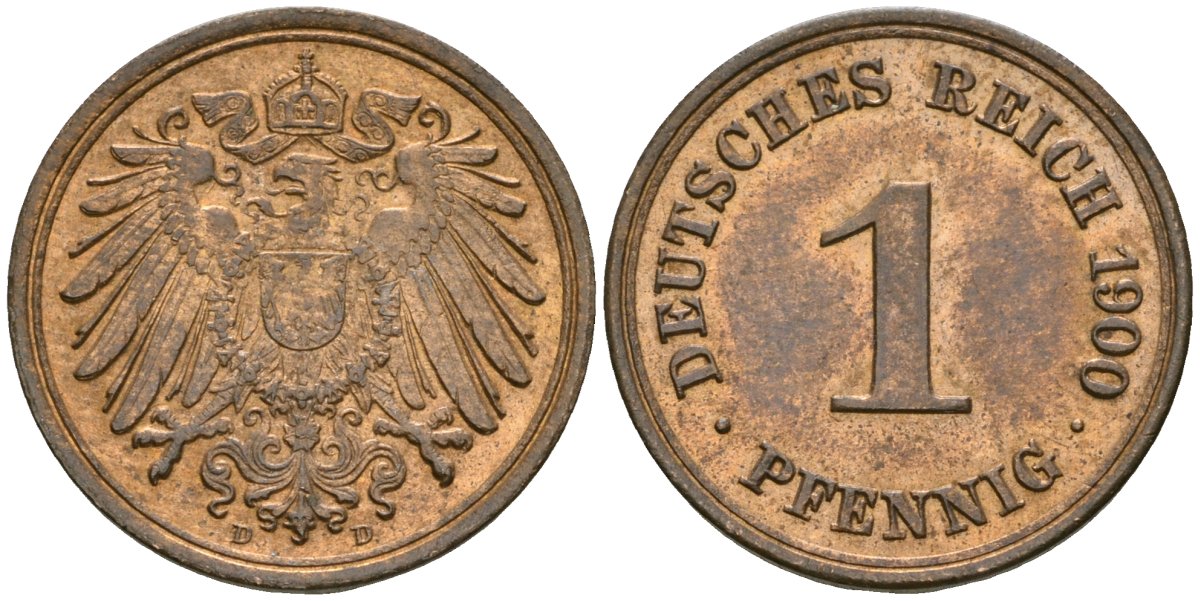 Германия 1 пфенниг 1900 D, Вильгельм II (1888-1918) KM 10, J. 10 медь 4608-148