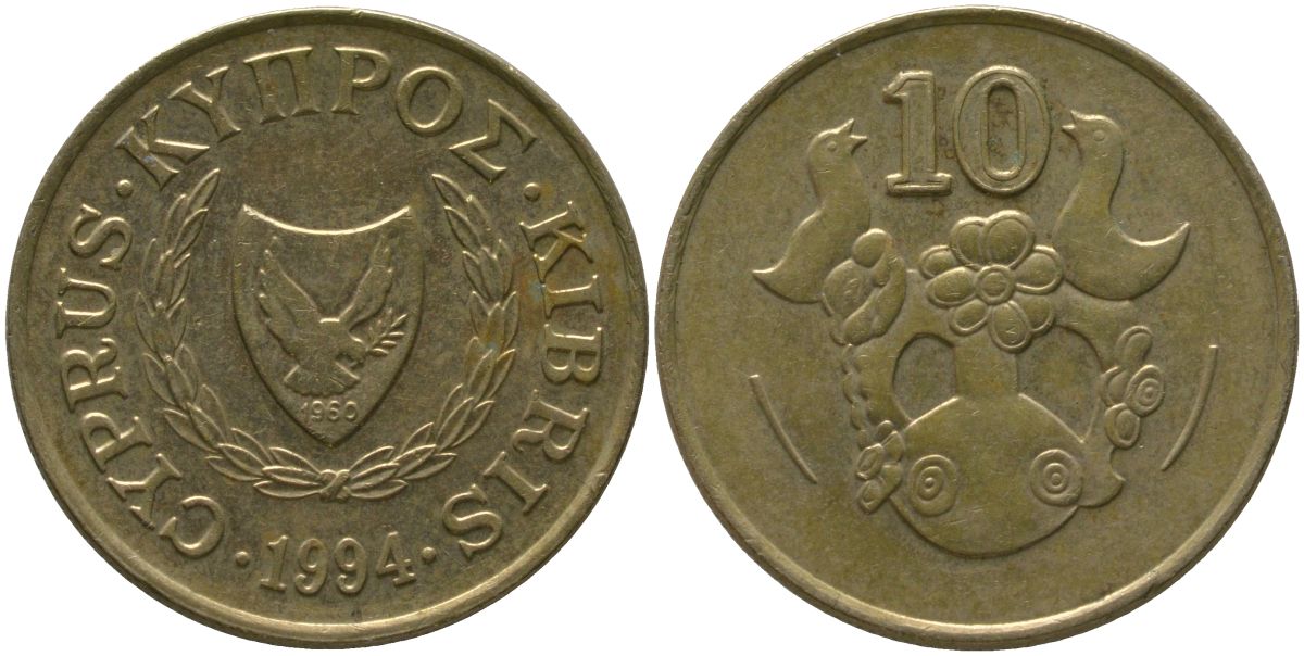 Кипр 10 центов 1994 KM 56.3 никель латунь 4380-324