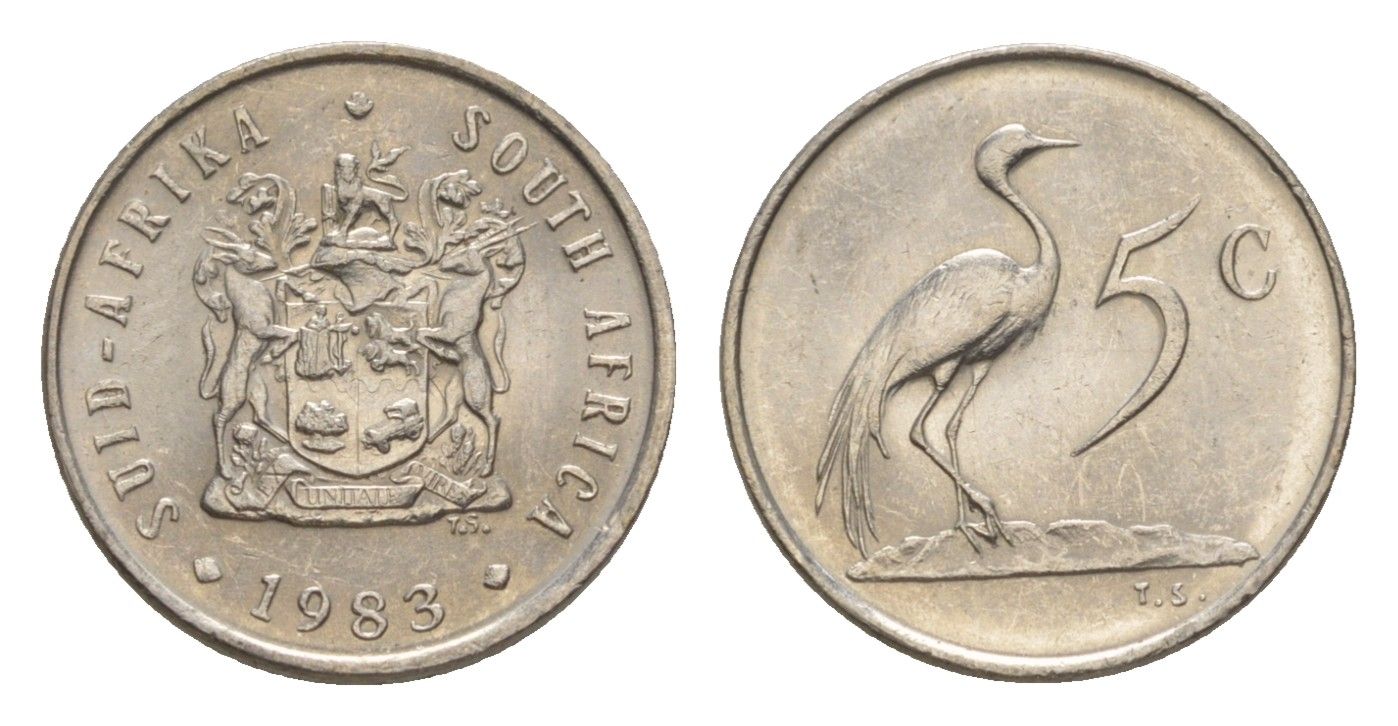 ЮАР 5 центов 1983 герб, райский журавль KM 84 никель UNC 4598-743