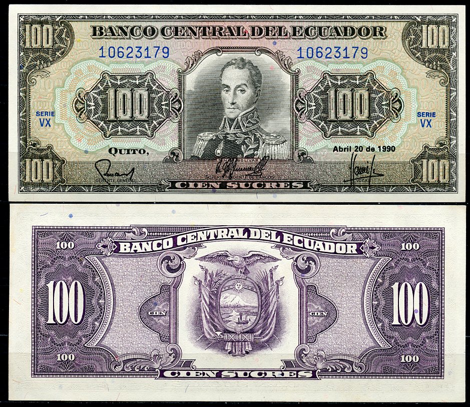 Эквадор 100 сукре 1990 Симон Боливар, 20 апреля, серия VX Pick 123 (1990 (3))  бумага  UNC (пресс) 447-124-1