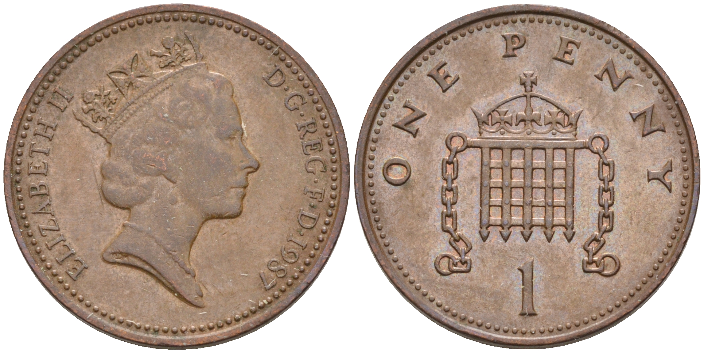 Великобритания 1 пенни 1987 Елизавета II (1952-2022) КМ 935, Spink 4381 (B3) бронза 4588-546