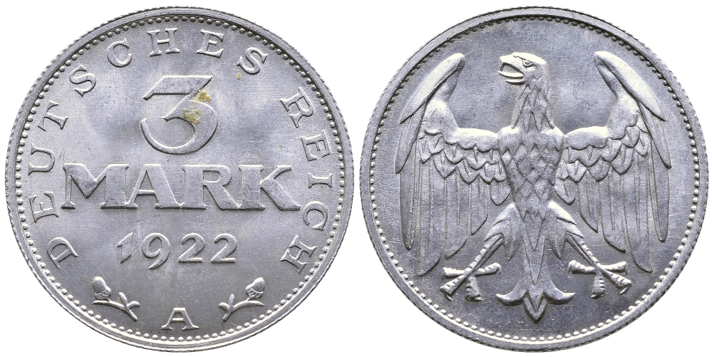 ГЕРМАНИЯ 3 МАРКИ 1922 А KM 28, J. 302 алюминий 4380-711