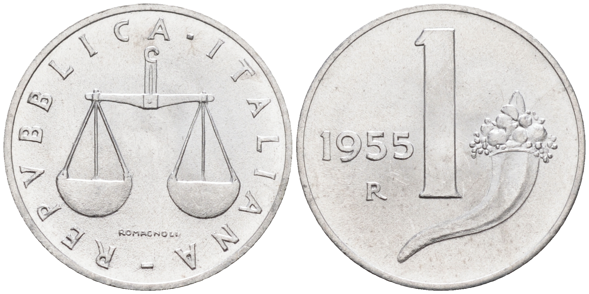 Италия 1 лира 1955 R, весы KM 91 алюминий  UNC  4594-741