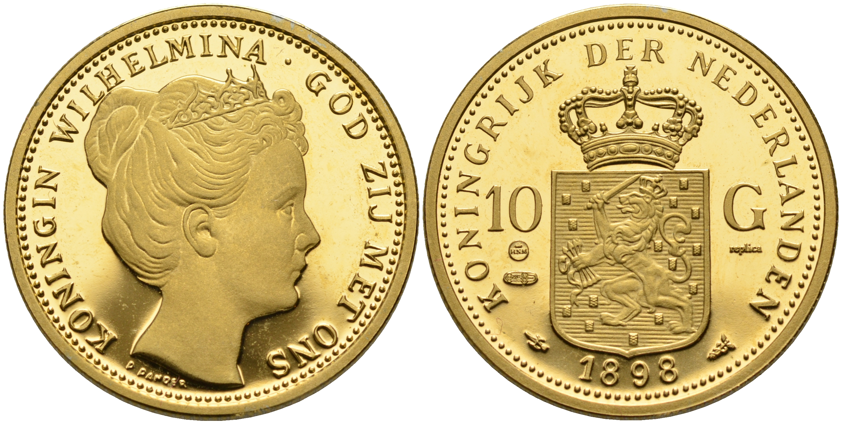 Нидерланды 10 гульденов 1898 реплика, проба 925 позолота серебро PROOF 02-070-52