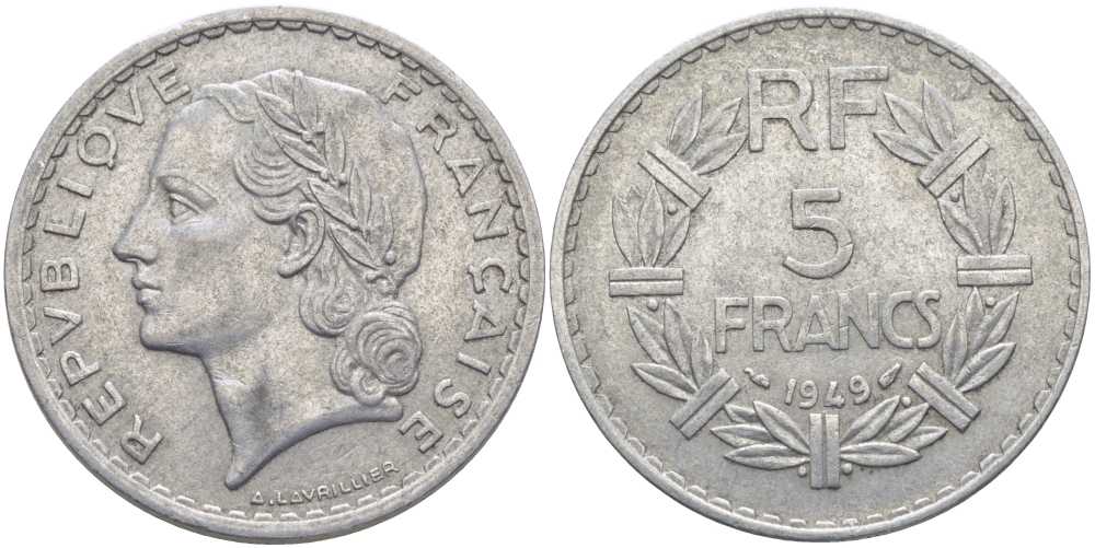 Франция 5 франков 1949 тип Лаврийе KM 888b.1, LE FRANC 339.17 алюминий 111-1125