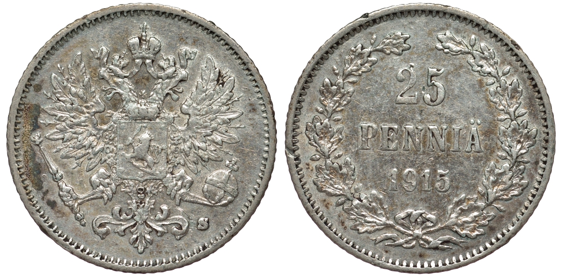 Россия для Финляндии 25 пенни 1915 S, Николай II (1894-1917) KM 6.2, Биткин 420 серебро 75-1166