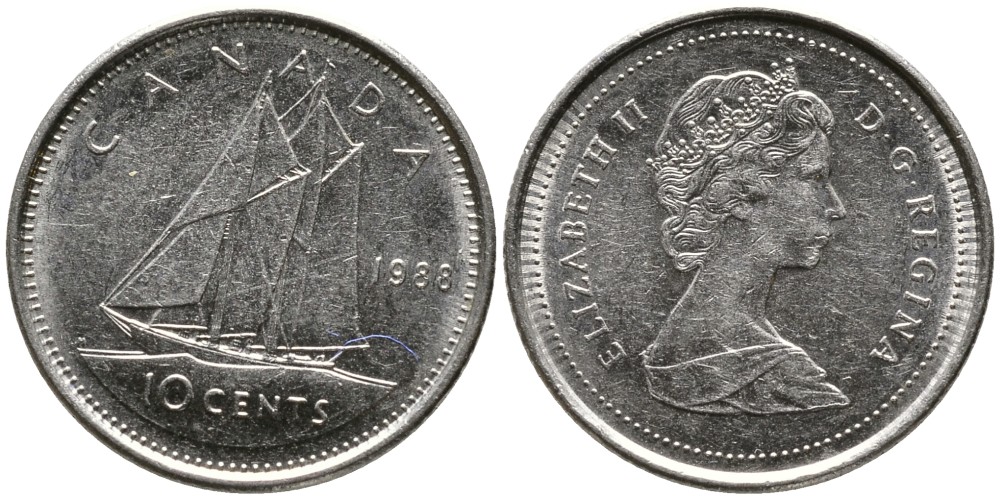 КАНАДА 10 ЦЕНТОВ 1988 ЕЛИЗАВЕТА II (1952-), ПАРУСНИК, ВТОРОЙ ПОРТРЕТ В КОРОНЕ KM 77.2 никель 4532-834