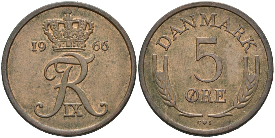 Дания 5 эре 1966 C; S, Фредерик IX (1947-1972) KM 848.1 бронза 4571-331