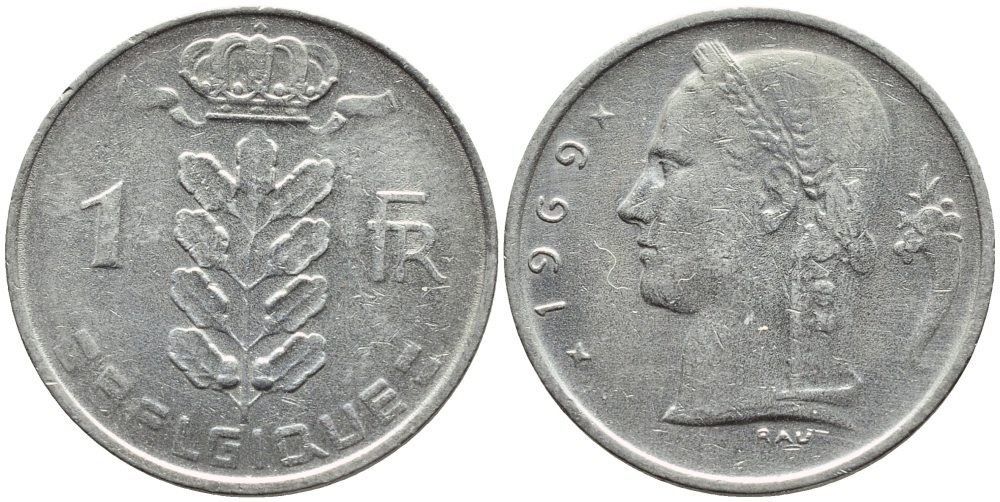 БЕЛЬГИЯ 1 ФРАНК 1969 BELGIQUE KM 142.1 медно-никель 4385-431