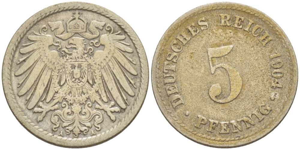 ГЕРМАНИЯ 5 ПФЕННИГОВ 1904 A KM 11, J. 12, Weege 6 медно-никель 206-936
