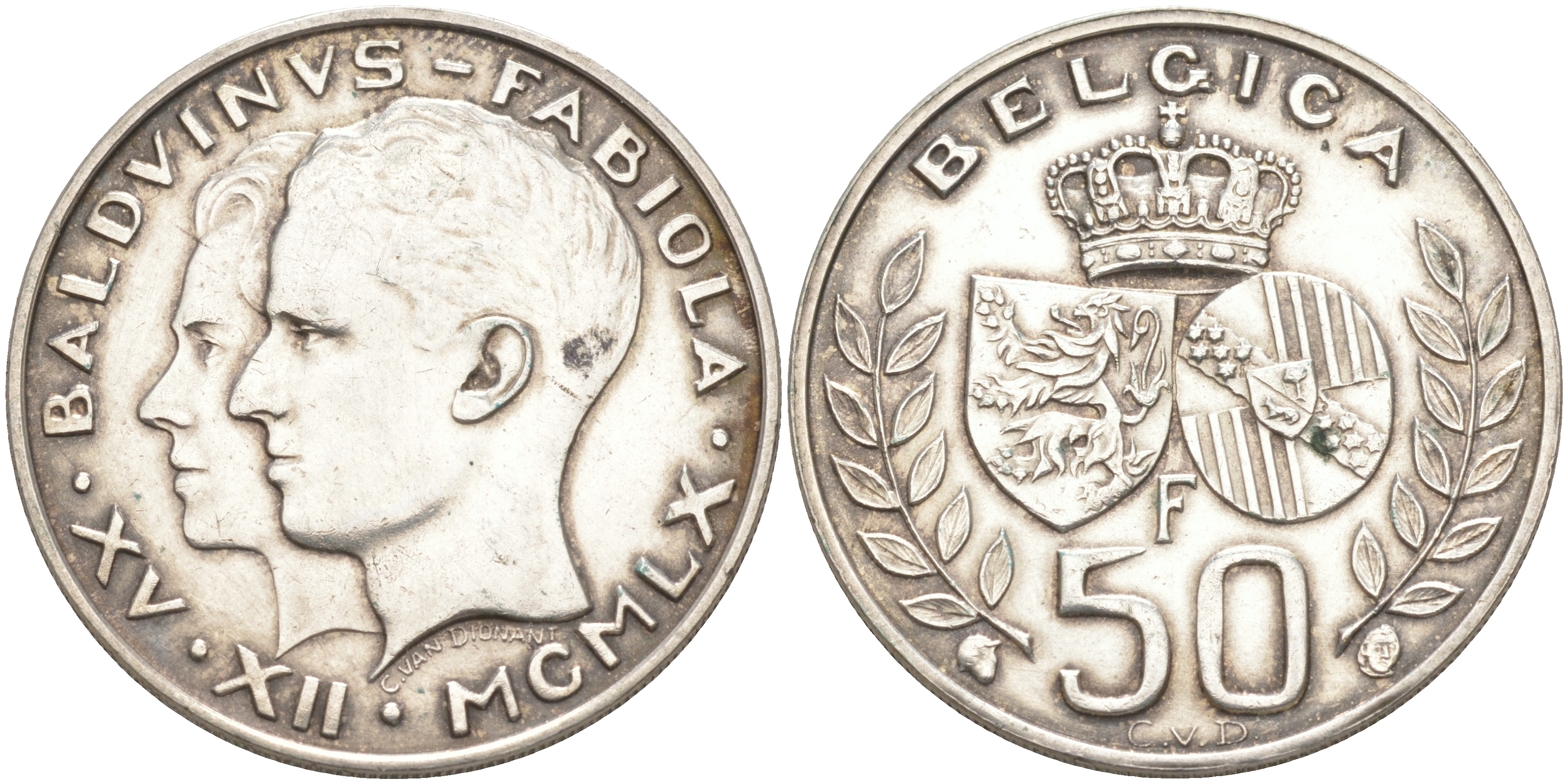 Бельгия 50 франков 1960 БОДУЭН I (1951-1983), КОРОЛЕВСКАЯ СВАДЬБА KM 152.1 серебро 4111-314