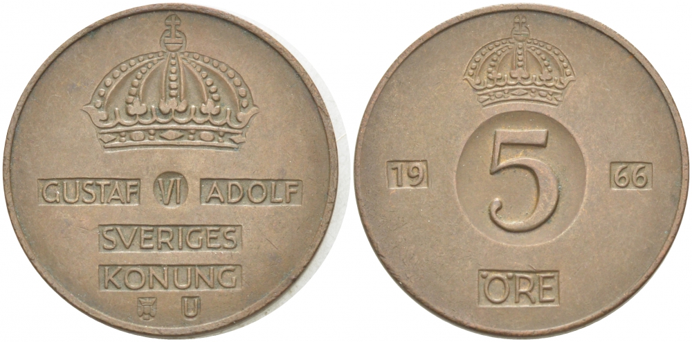 Швеция 5 эре 1966 U, Густав VI Адольф (1950-1973) КМ 822 бронза 77-532
