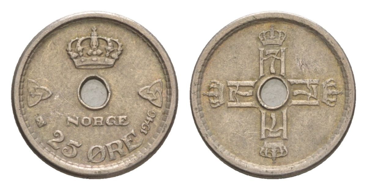 Норвегия 25 эре 1946 Хокон VII (1905-1957) KM 384 медно-никель 4632-1222