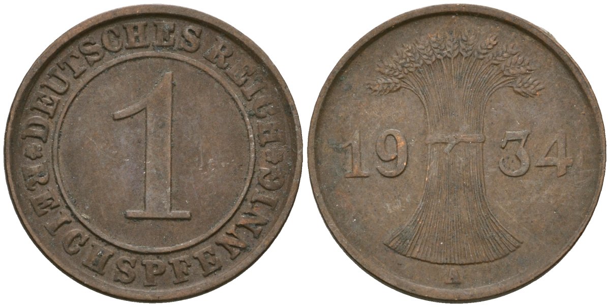 Германия 1 рейхспфенниг 1934 A KM 37, J. 313 бронза 4189-1247