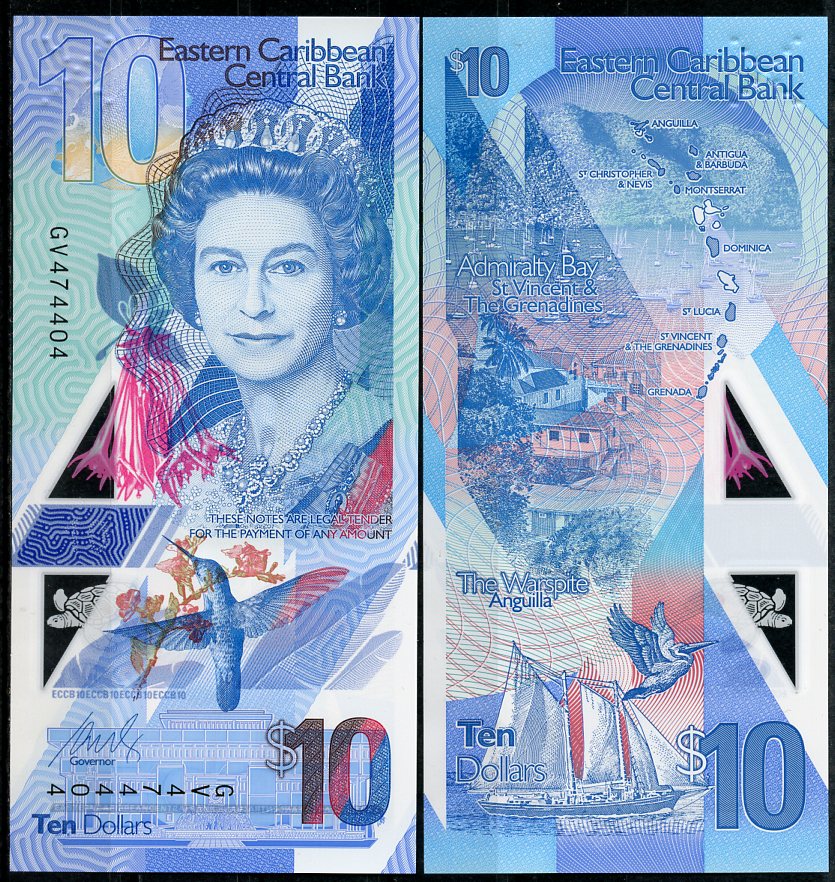 Восточно-Карибские штаты 10 долларов ND (2019) Елизавета II (1952-2022), Адмиралтейская бухта (Сент-Винсент), "Уорспайт" (Ангилья) Pick 57  пластик  UNC (пресс) 449-90-2