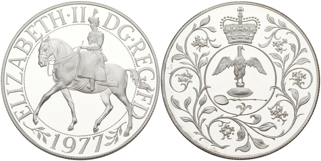 Великобритания 25 пенсов 1977 25 лет со дня коронации Елизаветы, в оригинальной коробке с сертификатом, Елизавета II (1952-2022) KM 920а, Spink 4227 серебро PROOF 00-00