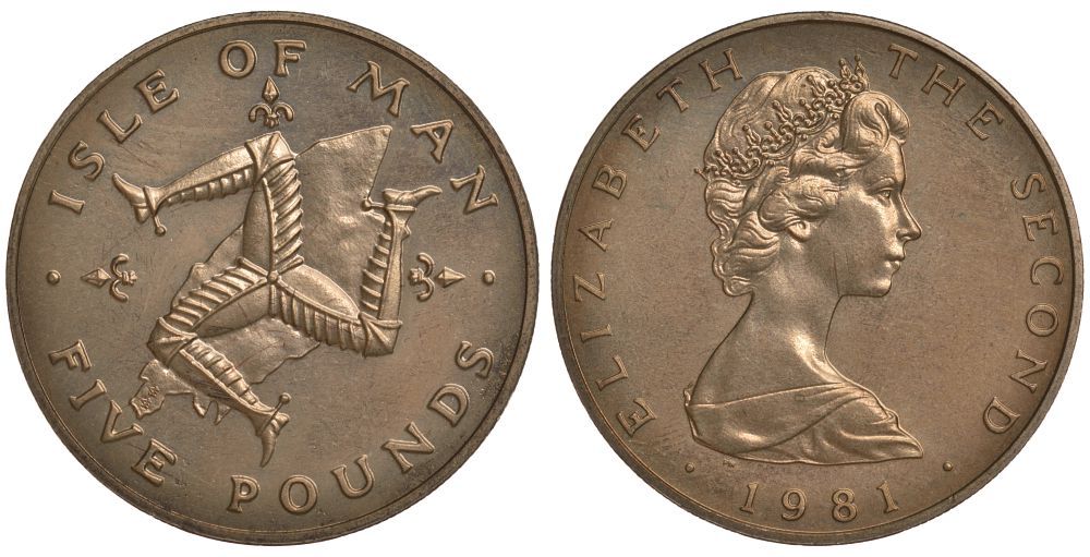 Остров Мэн 5 фунтов 1981 герб Мэна, Елизавета II (1952- ) KM 88 вирениум UNC 00-00