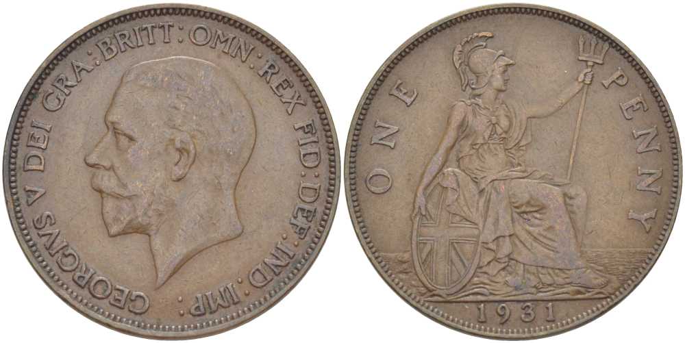 Великобритания 1 пенни 1931 Георг V (1910-1936) KM 838, Spink 4055 бронза 180-1212