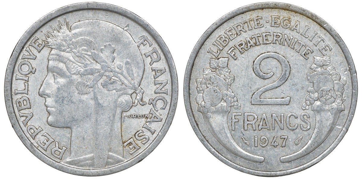 Франция 2 франка 1947 KM 886а.1, Le Franc 269.10 алюминий 4163-656