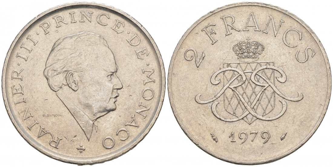 Монако 2 франка 1979 Ренье III (1949-2005) KM 157 никель 73-1457
