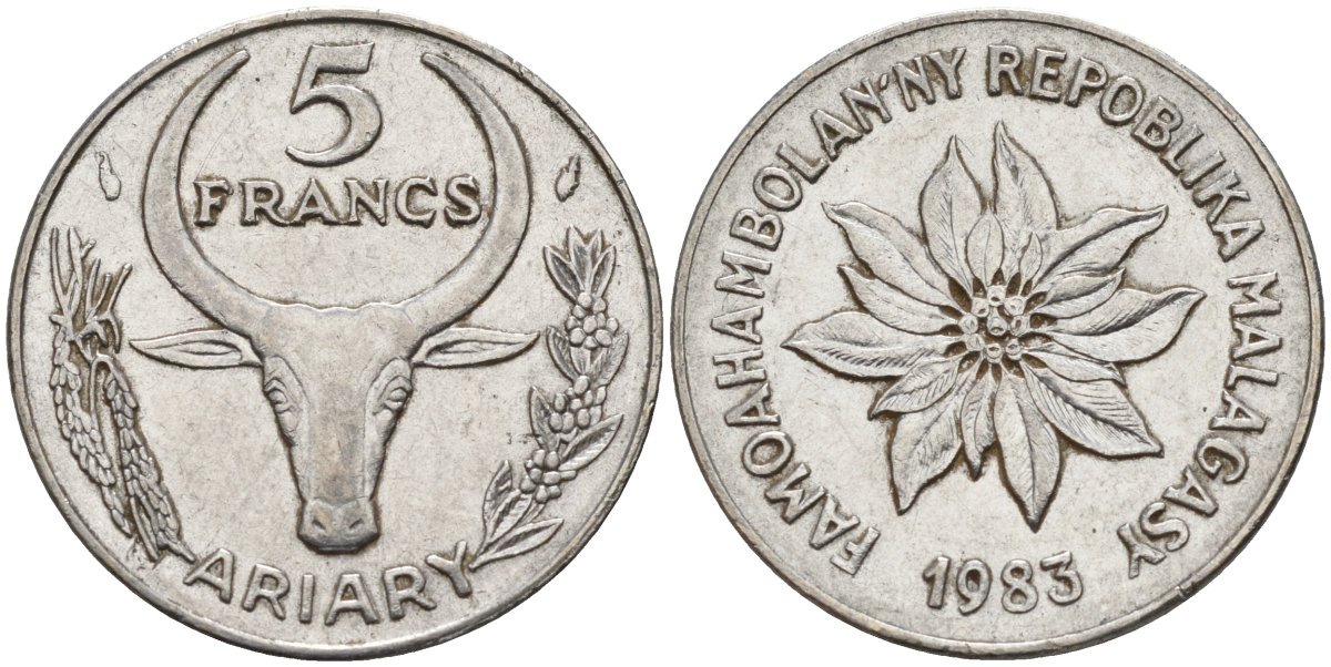 Мадагаскар 5 франков 1983 KM 10 сталь 4141-651