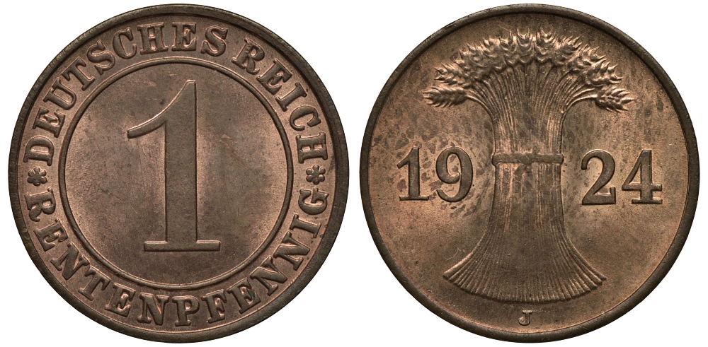 Германия 1 рентенпфенниг 1924 J KM 30, J. 306 бронза UNC 00-00