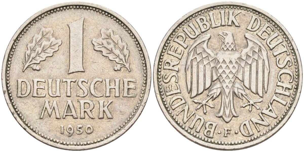 ФРГ 1 марка 1950 F KM 110, J. 385 медно-никель 4177-833