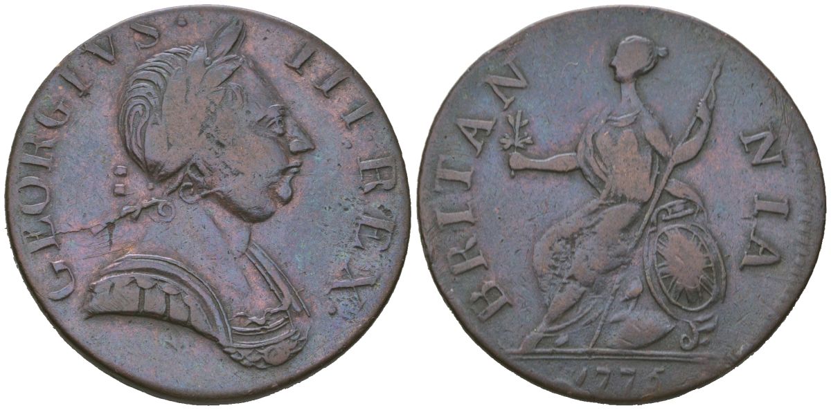 Великобритания 1/2 пенни 1775 Георг III (1760-1820) KM 601, Spink 3774 медь 4590-813