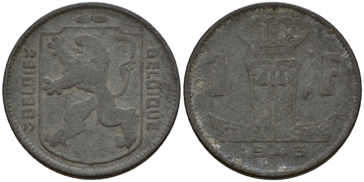 Бельгия 1 франк 1943 Belgie - Belgique KM 128 цинк 67-442
